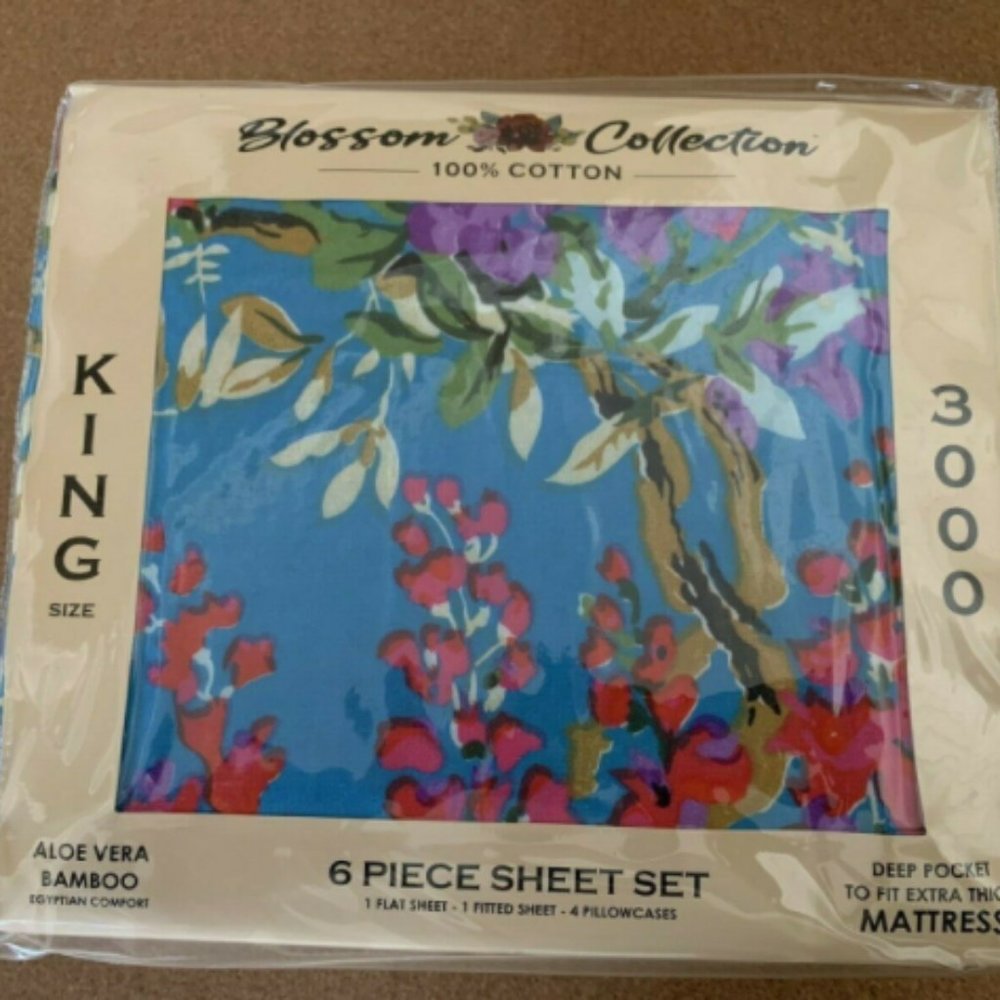 King or Queen Six Piece Sheet Floral Set 3000 Aloe Vera Bamboo - Picture 2 of 4